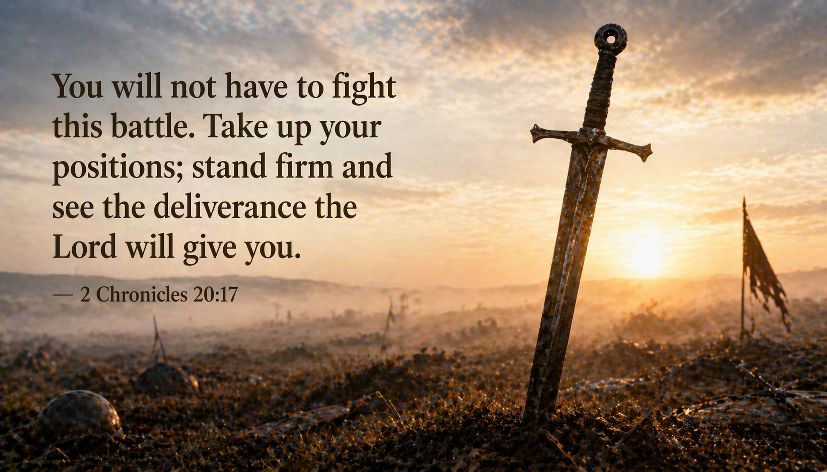 Sword driven into misty battlefield ground at dawn banner in background golden sunrise light verse text top left -- 2 Chronicles 20:17 mountain sunrise wallpaper